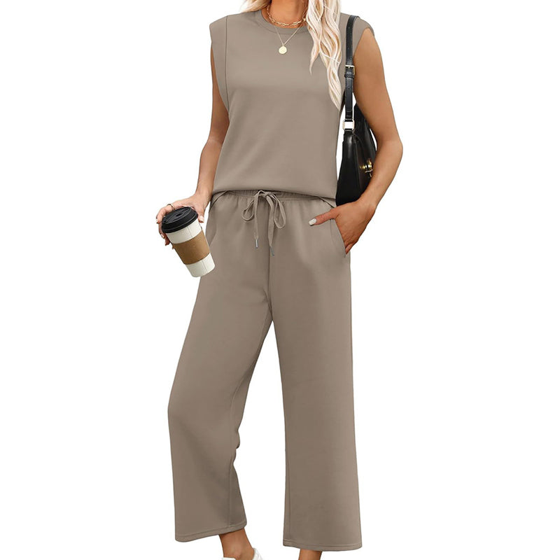 ⏰Nur noch heute 50% Rabatt!🔥Legeres ärmelloses Set für Damen: Oberteil mit Rundhalsausschnitt und Weite-Bein-Hose