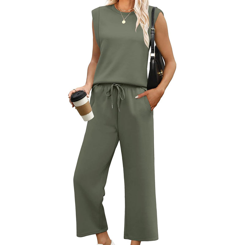 ⏰Nur noch heute 50% Rabatt!🔥Legeres ärmelloses Set für Damen: Oberteil mit Rundhalsausschnitt und Weite-Bein-Hose