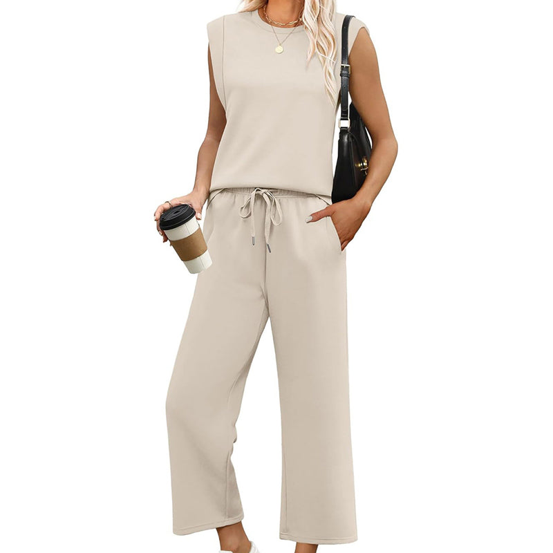 ⏰Nur noch heute 50% Rabatt!🔥Legeres ärmelloses Set für Damen: Oberteil mit Rundhalsausschnitt und Weite-Bein-Hose