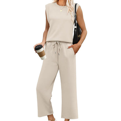 ⏰Nur noch heute 50% Rabatt!🔥Legeres ärmelloses Set für Damen: Oberteil mit Rundhalsausschnitt und Weite-Bein-Hose