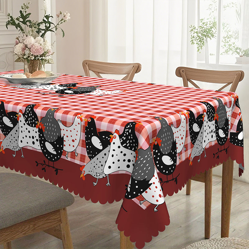 Rote karierte Tischdecke mit Hahnmotiv