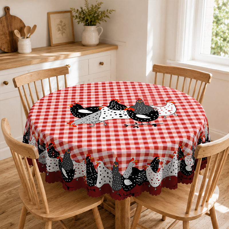 Rote karierte Tischdecke mit Hahnmotiv