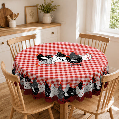 Rote karierte Tischdecke mit Hahnmotiv