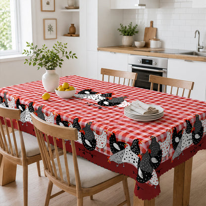 Rote karierte Tischdecke mit Hahnmotiv