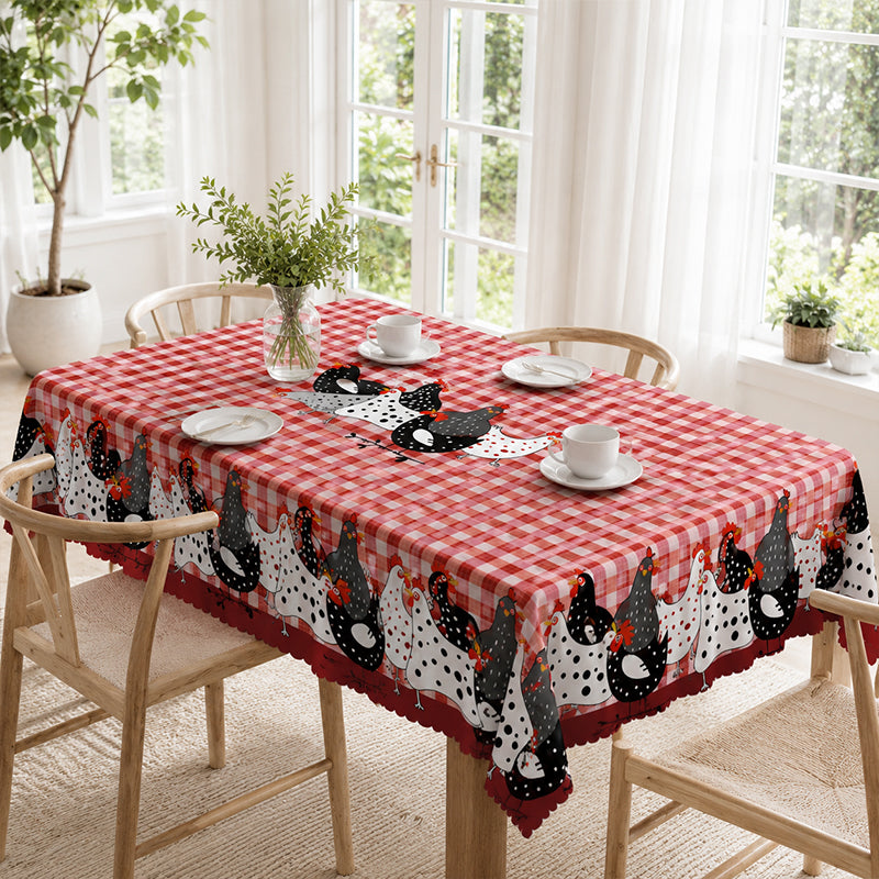 Rote karierte Tischdecke mit Hahnmotiv