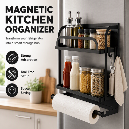 🧲Magnetischer Kühlschrank-Organizer aus Edelstahl – Hängendes Regal mit 2 Fächern für Gewürze, Dosen & Snacks