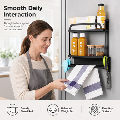 🧲Magnetischer Kühlschrank-Organizer aus Edelstahl – Hängendes Regal mit 2 Fächern für Gewürze, Dosen & Snacks