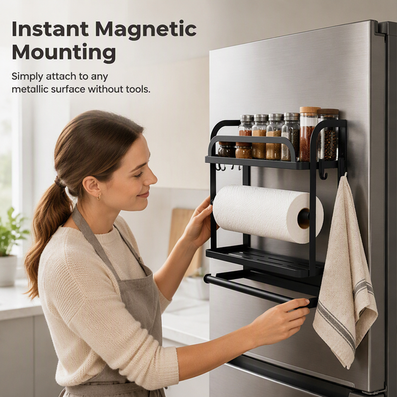 🧲Magnetischer Kühlschrank-Organizer aus Edelstahl – Hängendes Regal mit 2 Fächern für Gewürze, Dosen & Snacks