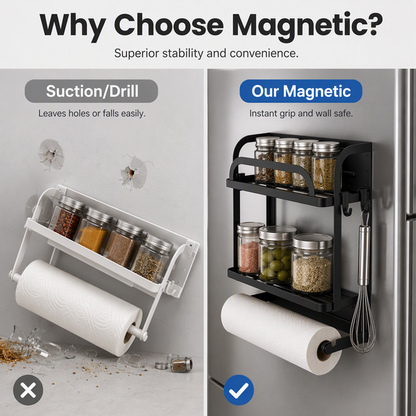 🧲Magnetischer Kühlschrank-Organizer aus Edelstahl – Hängendes Regal mit 2 Fächern für Gewürze, Dosen & Snacks