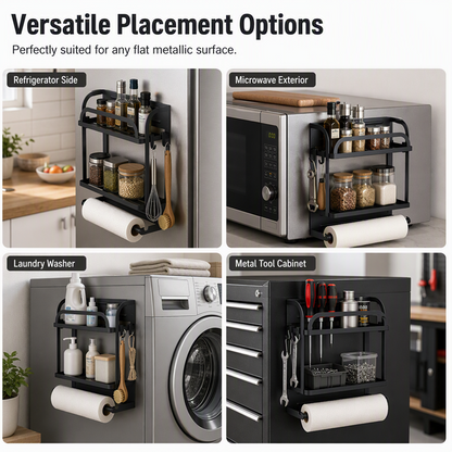 🧲Magnetischer Kühlschrank-Organizer aus Edelstahl – Hängendes Regal mit 2 Fächern für Gewürze, Dosen & Snacks