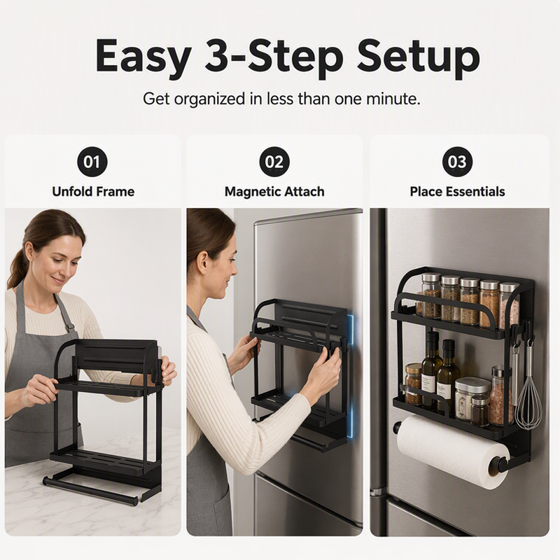 🧲Magnetischer Kühlschrank-Organizer aus Edelstahl – Hängendes Regal mit 2 Fächern für Gewürze, Dosen & Snacks