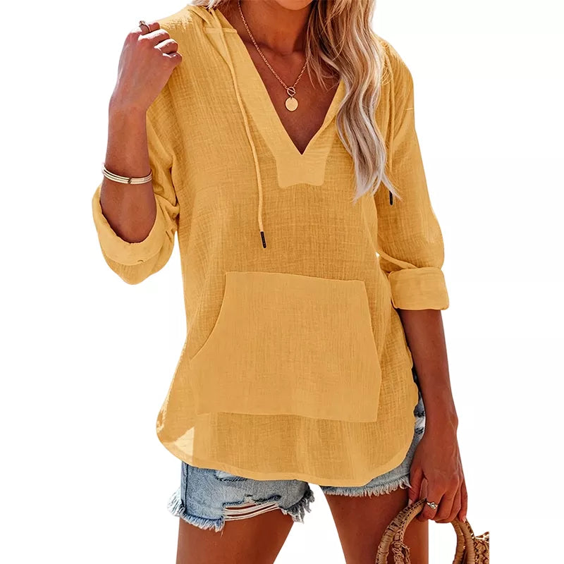 🌊 Sommer-Sale – 50 % sparen 💖 Damen-Shirt mit V-Ausschnitt, Kapuze und Tasche, Langarm