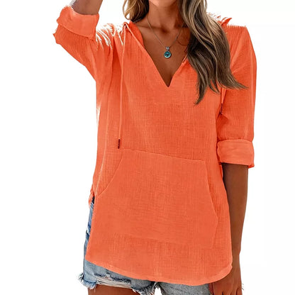 🌊 Sommer-Sale – 50 % sparen 💖 Damen-Shirt mit V-Ausschnitt, Kapuze und Tasche, Langarm