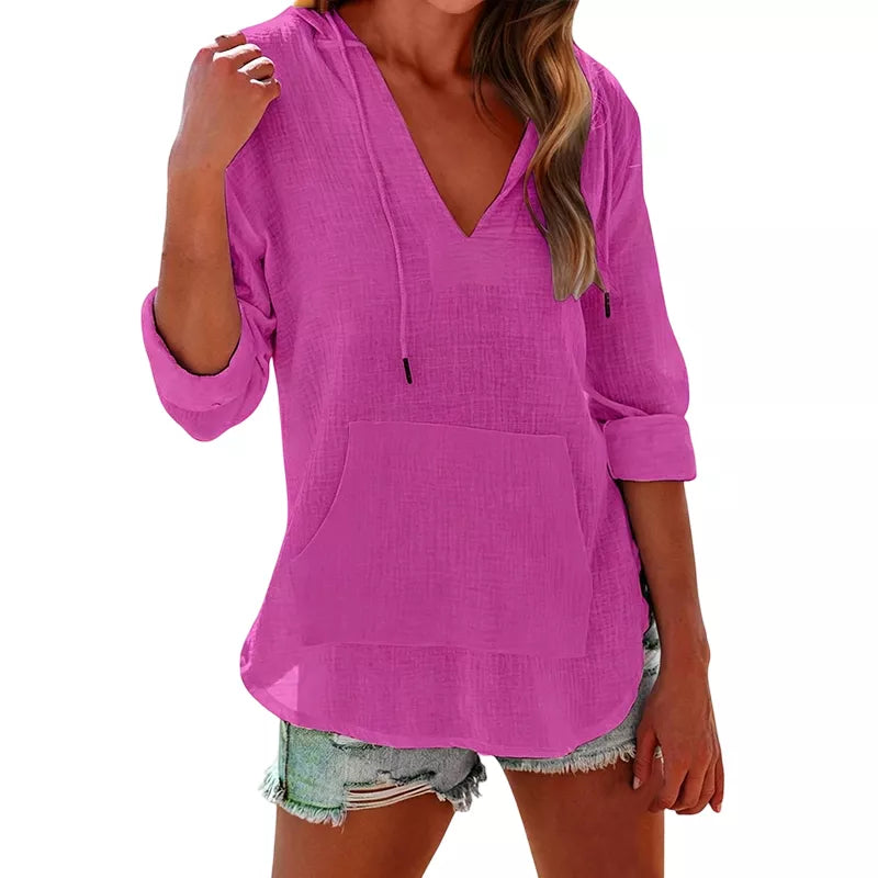 🌊 Sommer-Sale – 50 % sparen 💖 Damen-Shirt mit V-Ausschnitt, Kapuze und Tasche, Langarm
