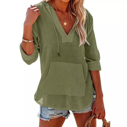 🌊 Sommer-Sale – 50 % sparen 💖 Damen-Shirt mit V-Ausschnitt, Kapuze und Tasche, Langarm