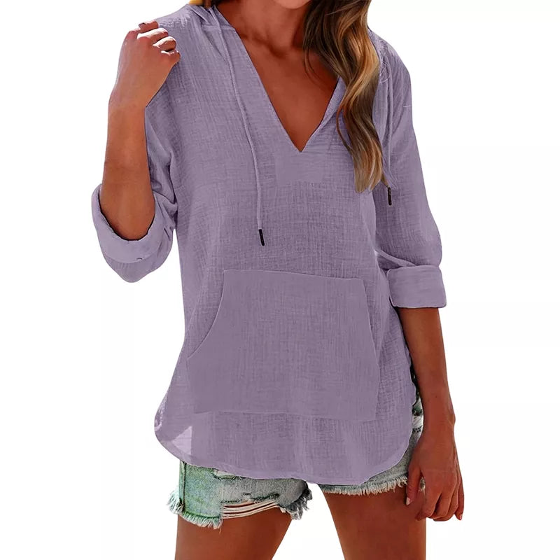 🌊 Sommer-Sale – 50 % sparen 💖 Damen-Shirt mit V-Ausschnitt, Kapuze und Tasche, Langarm