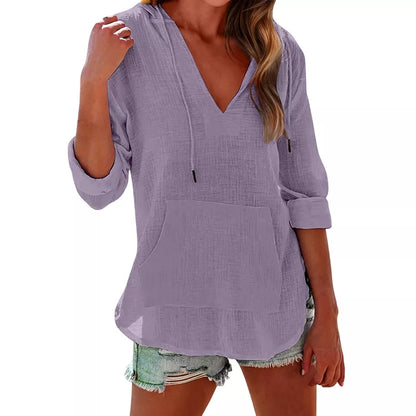 🌊 Sommer-Sale – 50 % sparen 💖 Damen-Shirt mit V-Ausschnitt, Kapuze und Tasche, Langarm