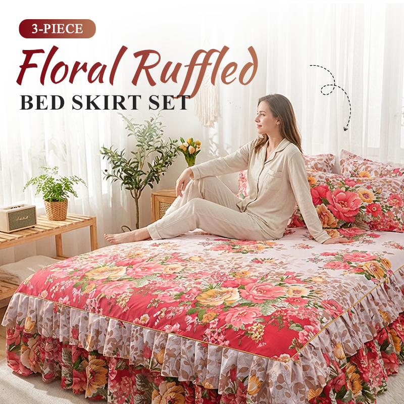 🌸 3-teiliges Bettvolant mit Blumenmuster und Rüschen – Dekorativer Bettrock für das Schlafzimmer