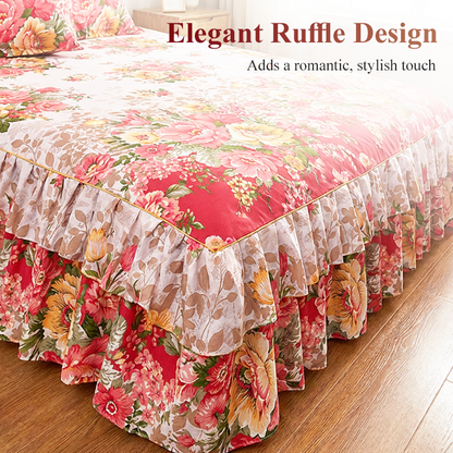 🌸 3-teiliges Bettvolant mit Blumenmuster und Rüschen – Dekorativer Bettrock für das Schlafzimmer