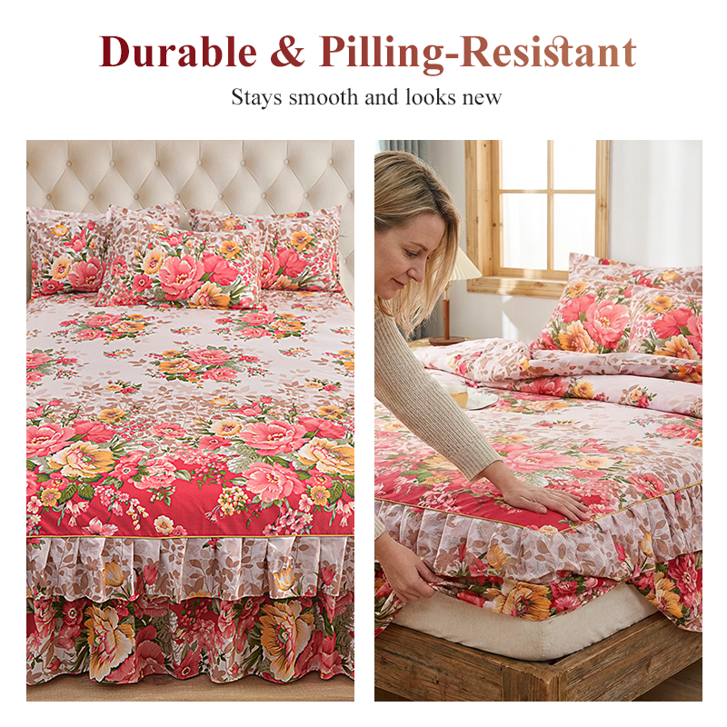 🌸 3-teiliges Bettvolant mit Blumenmuster und Rüschen – Dekorativer Bettrock für das Schlafzimmer