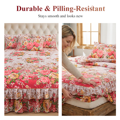 🌸 3-teiliges Bettvolant mit Blumenmuster und Rüschen – Dekorativer Bettrock für das Schlafzimmer