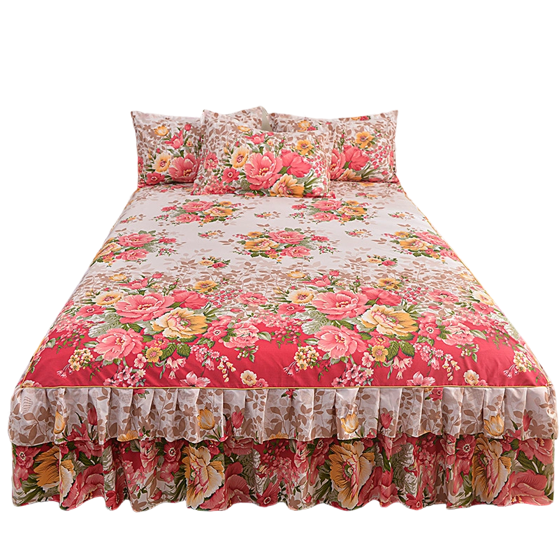 🌸 3-teiliges Bettvolant mit Blumenmuster und Rüschen – Dekorativer Bettrock für das Schlafzimmer