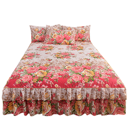 🌸 3-teiliges Bettvolant mit Blumenmuster und Rüschen – Dekorativer Bettrock für das Schlafzimmer