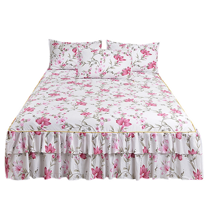 🌸 3-teiliges Bettvolant mit Blumenmuster und Rüschen – Dekorativer Bettrock für das Schlafzimmer
