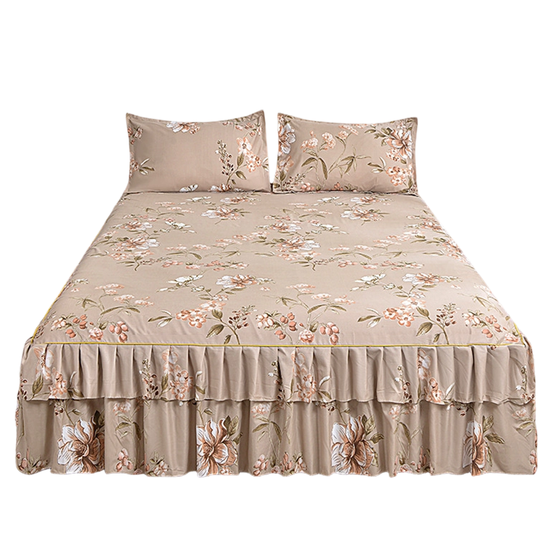 🌸 3-teiliges Bettvolant mit Blumenmuster und Rüschen – Dekorativer Bettrock für das Schlafzimmer