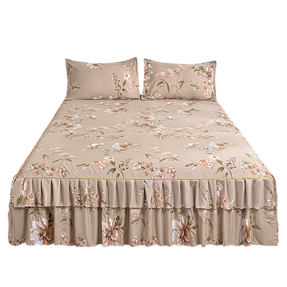 🌸 3-teiliges Bettvolant mit Blumenmuster und Rüschen – Dekorativer Bettrock für das Schlafzimmer