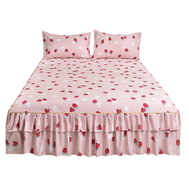 🌸 3-teiliges Bettvolant mit Blumenmuster und Rüschen – Dekorativer Bettrock für das Schlafzimmer