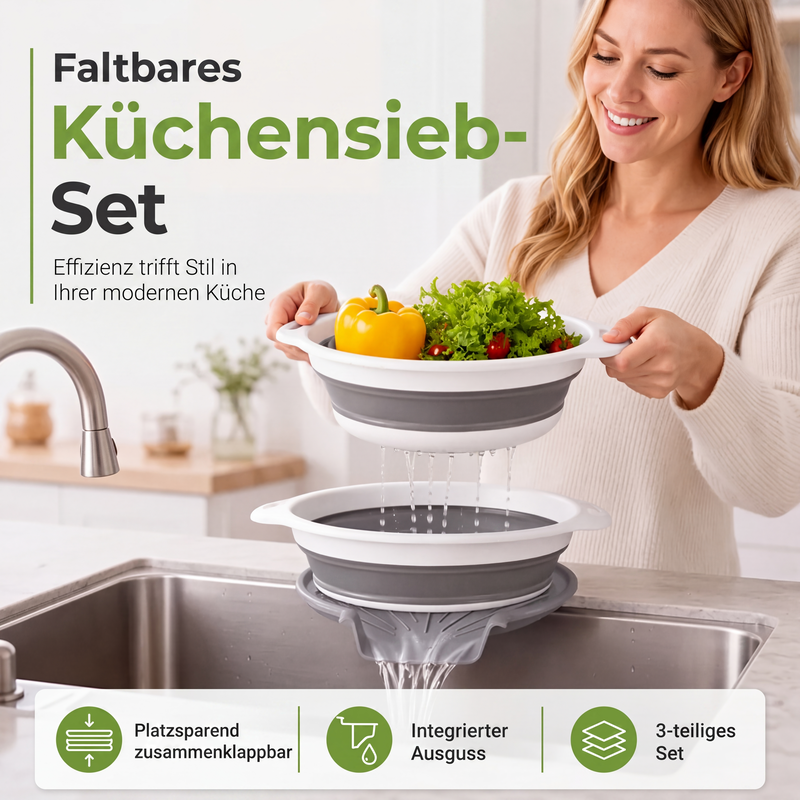 3-teiliges klappbares Sieb-Set mit Abtropfboden