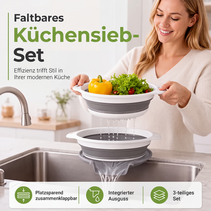 3-teiliges klappbares Sieb-Set mit Abtropfboden
