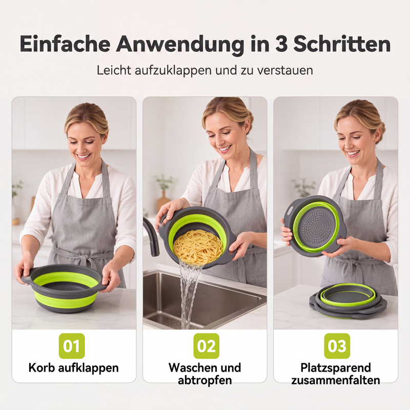 3-teiliges klappbares Sieb-Set mit Abtropfboden