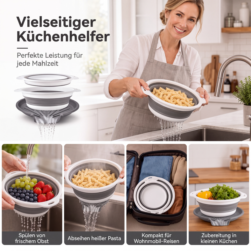 3-teiliges klappbares Sieb-Set mit Abtropfboden