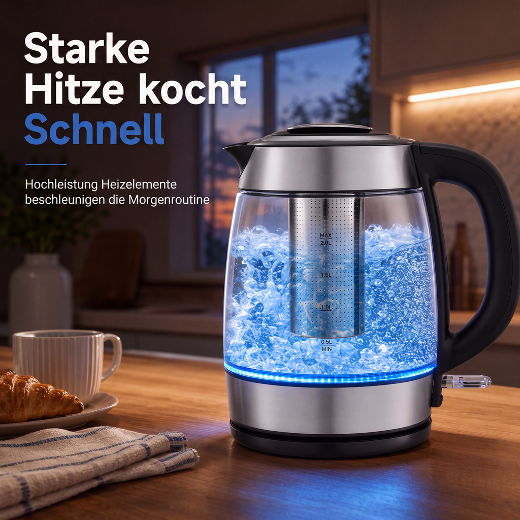 📢📢50 % RABATT !! ⏰2 l Glas-Wasserkocher mit großer Kapazität, automatischer Abschaltung und Überhitzungsschutz