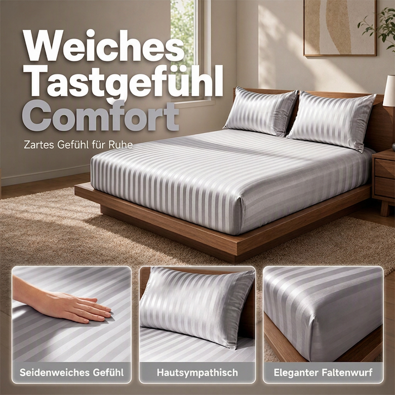 Seidig glänzendes gestreiftes Satin-Spannbettlaken-Set