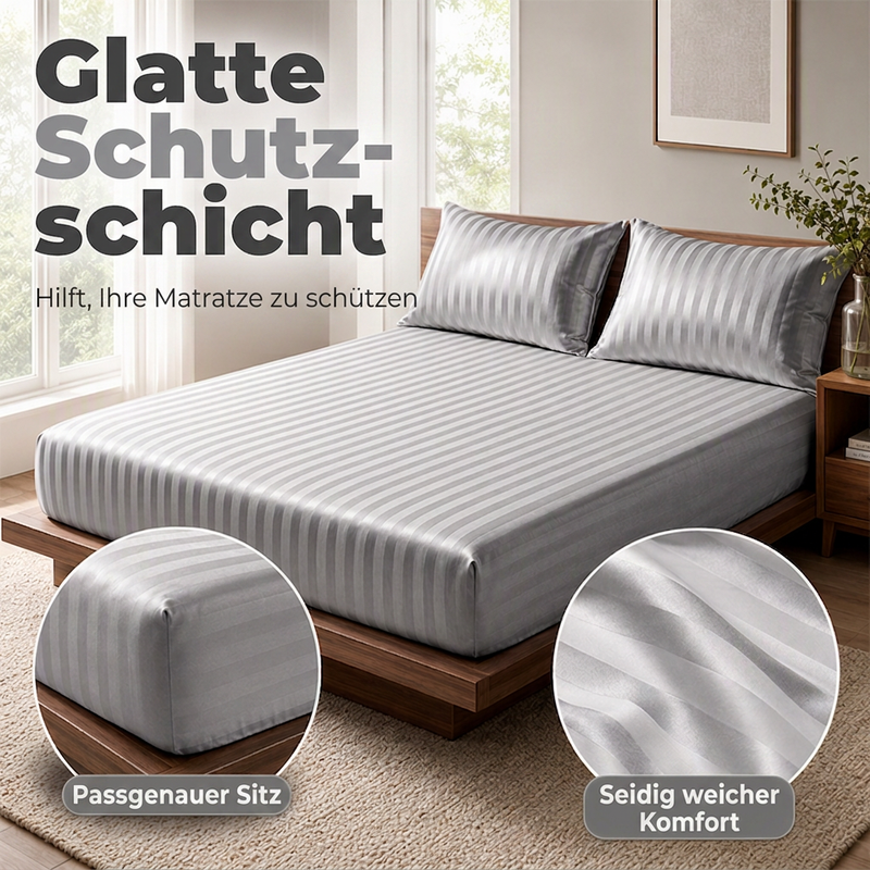 Seidig glänzendes gestreiftes Satin-Spannbettlaken-Set