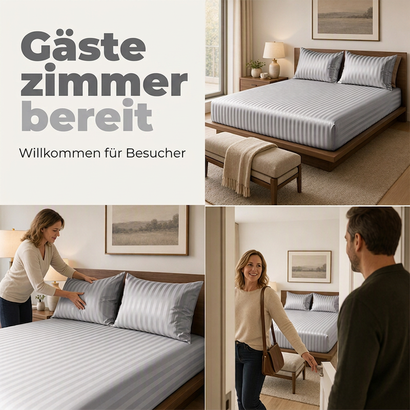 Seidig glänzendes gestreiftes Satin-Spannbettlaken-Set