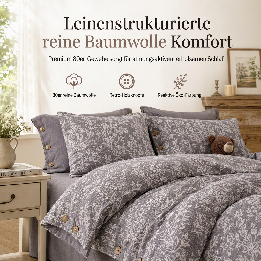 Bettwäsche-Set aus reiner Baumwolle mit Leinenoptik und retro Knopfverschluss, dicke und hochdichte Bettdeckenbezug und Bettlaken der Klasse A