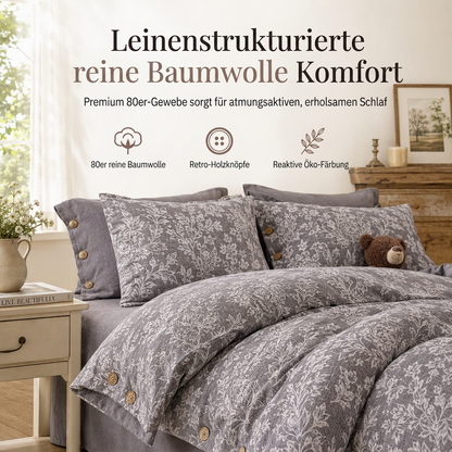 Bettwäsche-Set aus reiner Baumwolle mit Leinenoptik und retro Knopfverschluss, dicke und hochdichte Bettdeckenbezug und Bettlaken der Klasse A