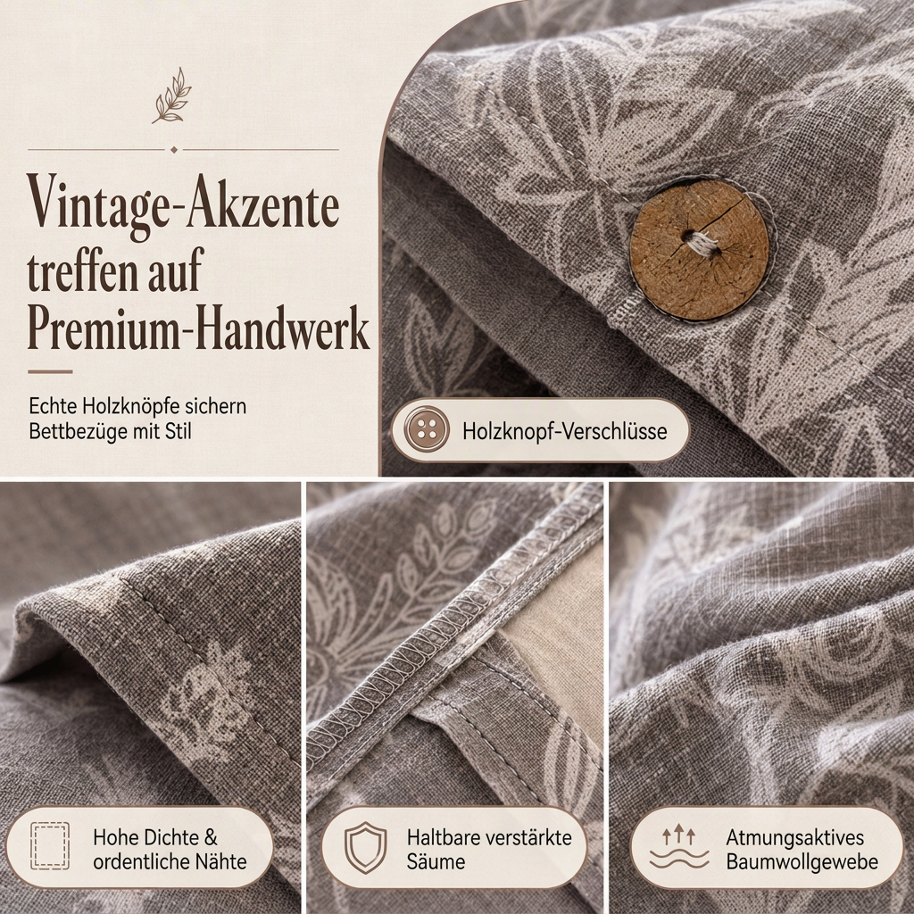 Bettwäsche-Set aus reiner Baumwolle mit Leinenoptik und retro Knopfverschluss, dicke und hochdichte Bettdeckenbezug und Bettlaken der Klasse A