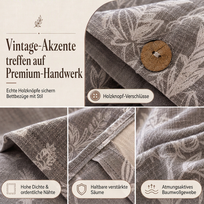 Bettwäsche-Set aus reiner Baumwolle mit Leinenoptik und retro Knopfverschluss, dicke und hochdichte Bettdeckenbezug und Bettlaken der Klasse A