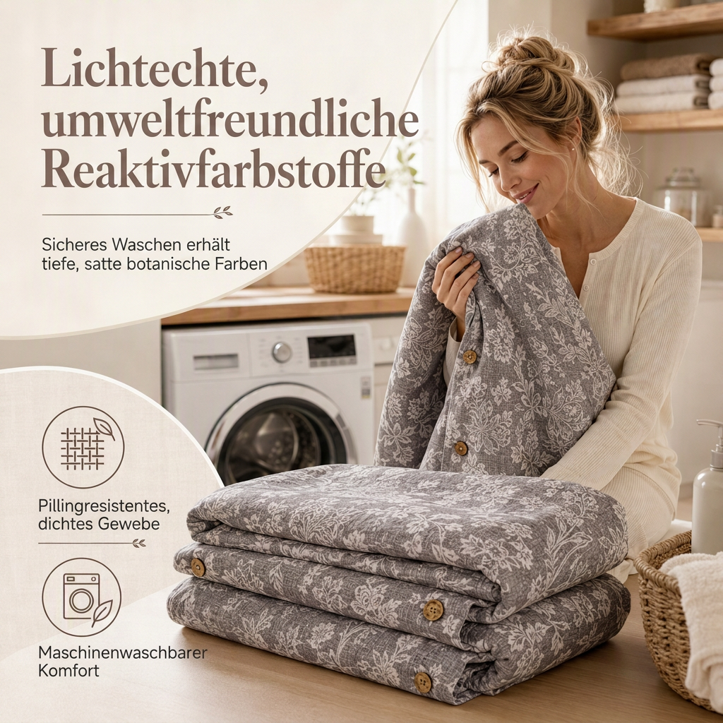 Bettwäsche-Set aus reiner Baumwolle mit Leinenoptik und retro Knopfverschluss, dicke und hochdichte Bettdeckenbezug und Bettlaken der Klasse A
