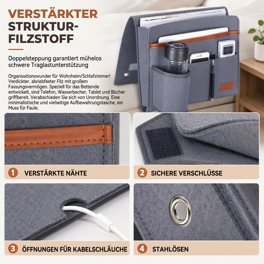 🛏️ 50% RABATT! ✨ Minimalistische Filz-Bettseitentasche – Stabil befestigt, vielseitig einsetzbar, für ordentliche Aufbewahrung 📚