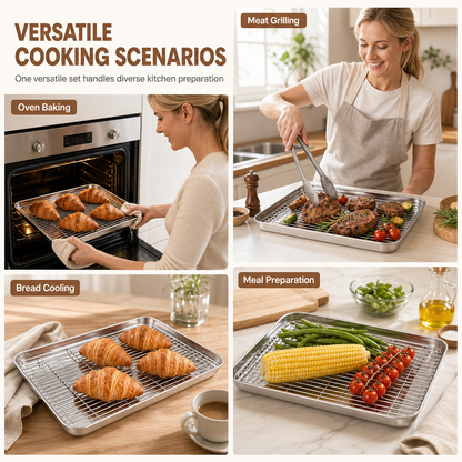 ⏳50% RABATT – Nur kurze Zeit!🥓Rechteckiges Backblech aus Edelstahl mit Draht-Kühlgitter – Ideal zum Braten & Backen
