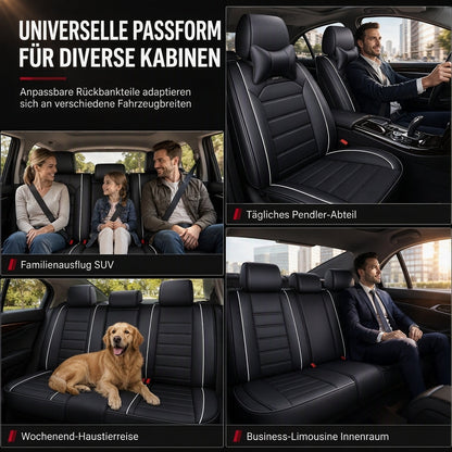 🚙Universelle Ganzjahres-Autositzbezüge aus Leder – Vollabdeckende Sitzschoner mit Farbblock- & Streifen-Design, passend für 5-Sitzer