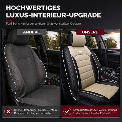 🚙Universelle Ganzjahres-Autositzbezüge aus Leder – Vollabdeckende Sitzschoner mit Farbblock- & Streifen-Design, passend für 5-Sitzer