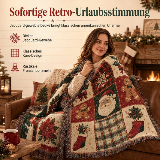📢📢50 % RABATT !! ⏰Vintage-Weihnachts-Karo-Wohndecke mit Weihnachtsmann-Motiv und Quasten, amerikanisch-landhausstil Wandbehang-Tapisserie und Sofabezug für die Feiertags-Heimdekoration