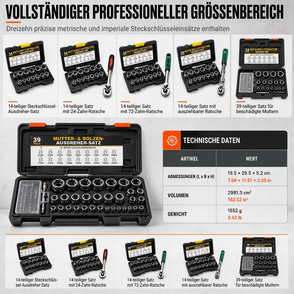 14-teiliges industrietaugliches Set zum Entfernen beschädigter Schrauben und Muttern, hochfester Schraubenausdreher-Satz mit hohem Drehmoment und Linksgewinde für die Autoreparatur